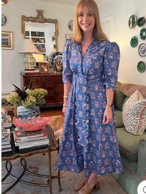 Worth Block Print Scalloped Midi Dress in Blue Chinoiserie